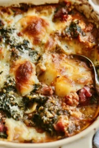 Delicious Tuscany soup casserole garnished with fresh herbs.