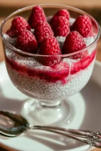 Vanilla raspberry chia pudding in a glass garnished with fresh raspberries