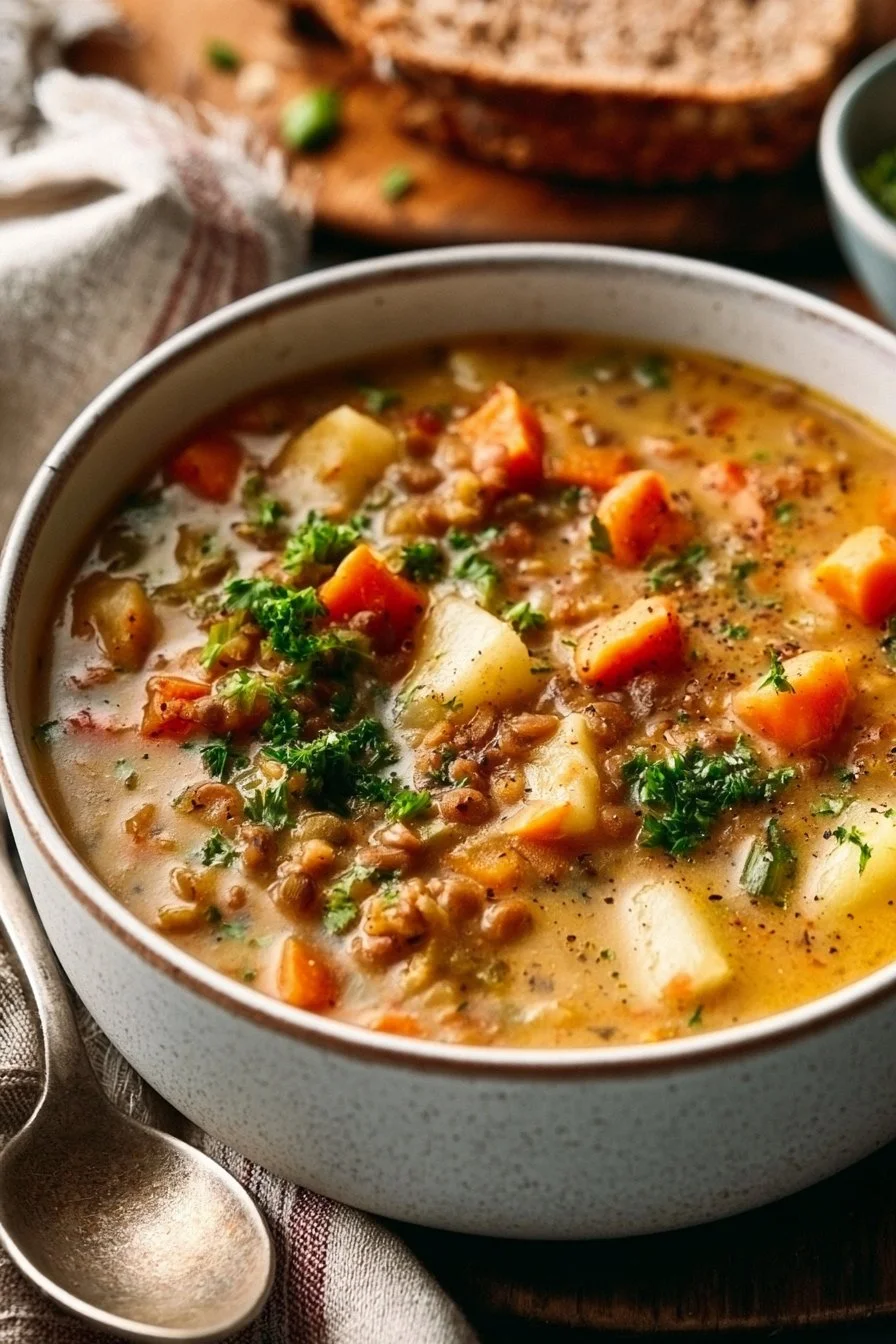 Bowl of hearty Vegetarian Lentil Soup garnished with herbs and spices