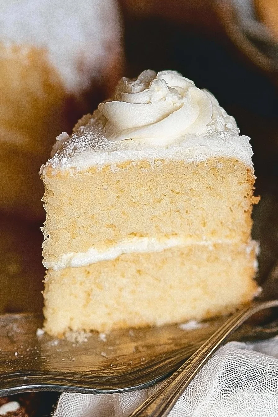 Slice of vintage buttermilk vanilla cake on a plate, topped with frosting.