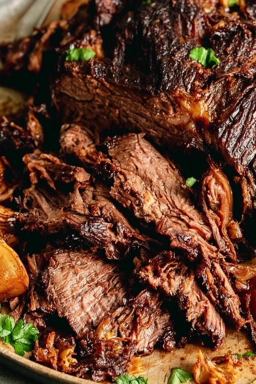 Delicious viral chuck roast served with vegetables and gravy