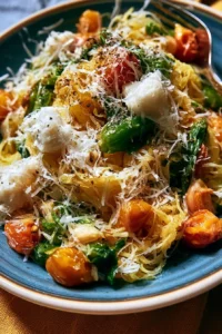 Colorful dish featuring spaghetti squash with spring vegetables and herbs.