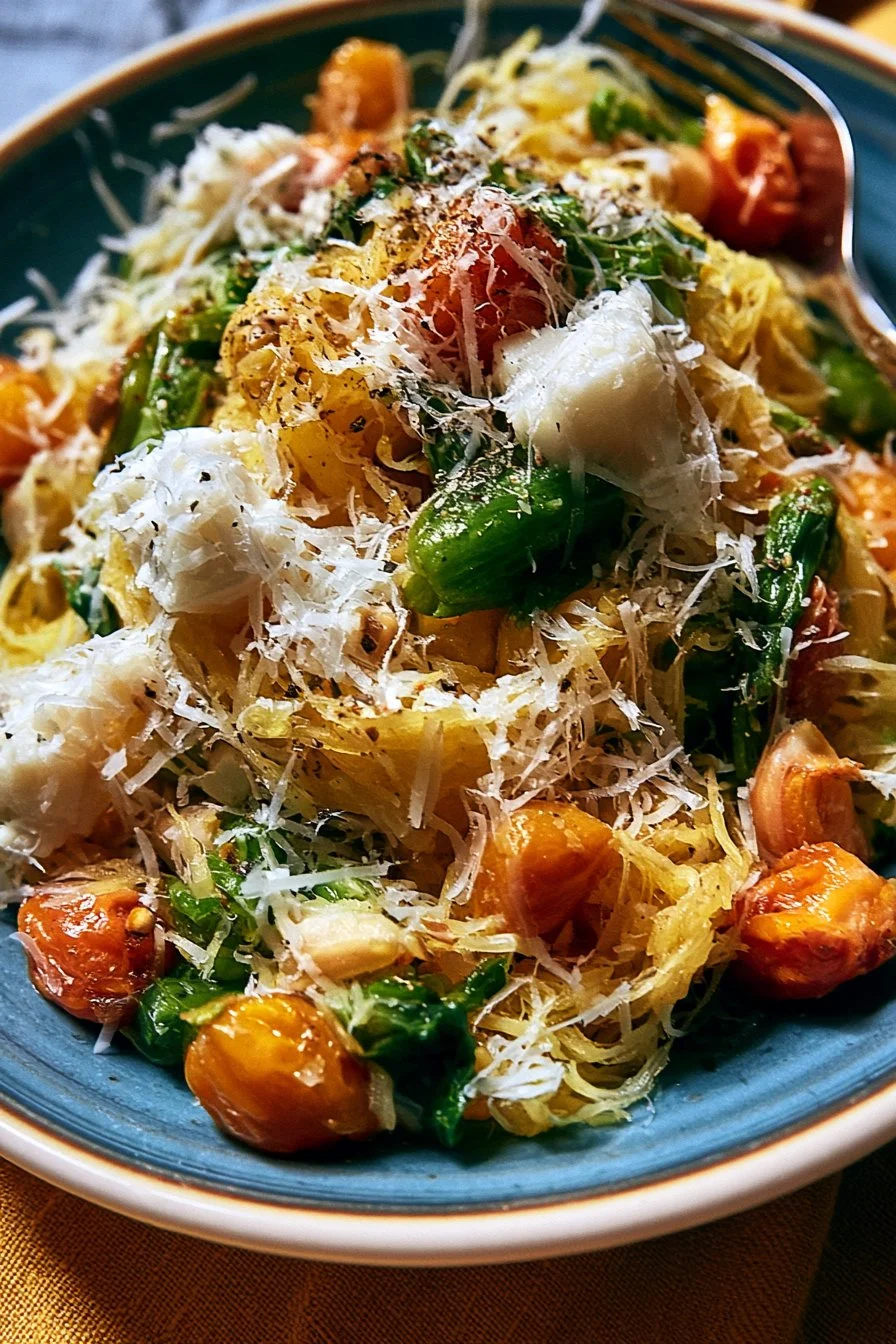 Spaghetti Squash with Tomatoes and Basil 5 Colorful dish featuring spaghetti squash with spring vegetables and herbs.
