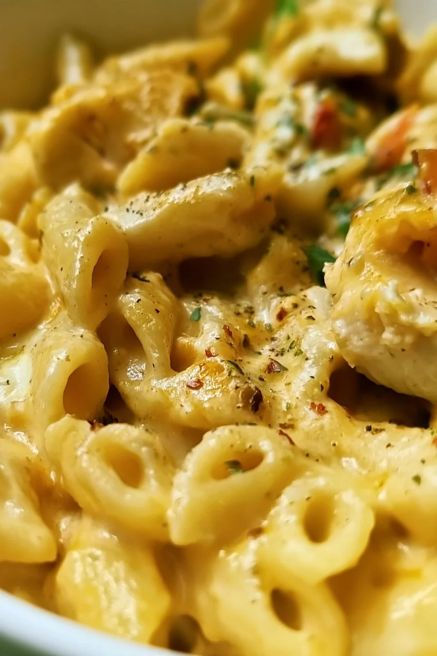 Creamy white chicken enchilada pasta with cheese and herbs in a bowl.