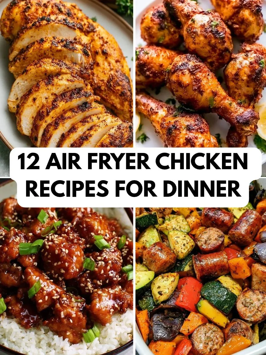 Home 1 Air fryer chicken recipes collage with chicken cuts and vegetables