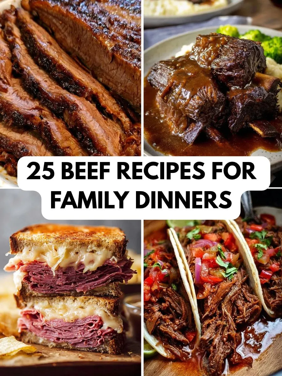 Beef Recipes collage with sliced roast beef, braised beef, a sandwich and tacos