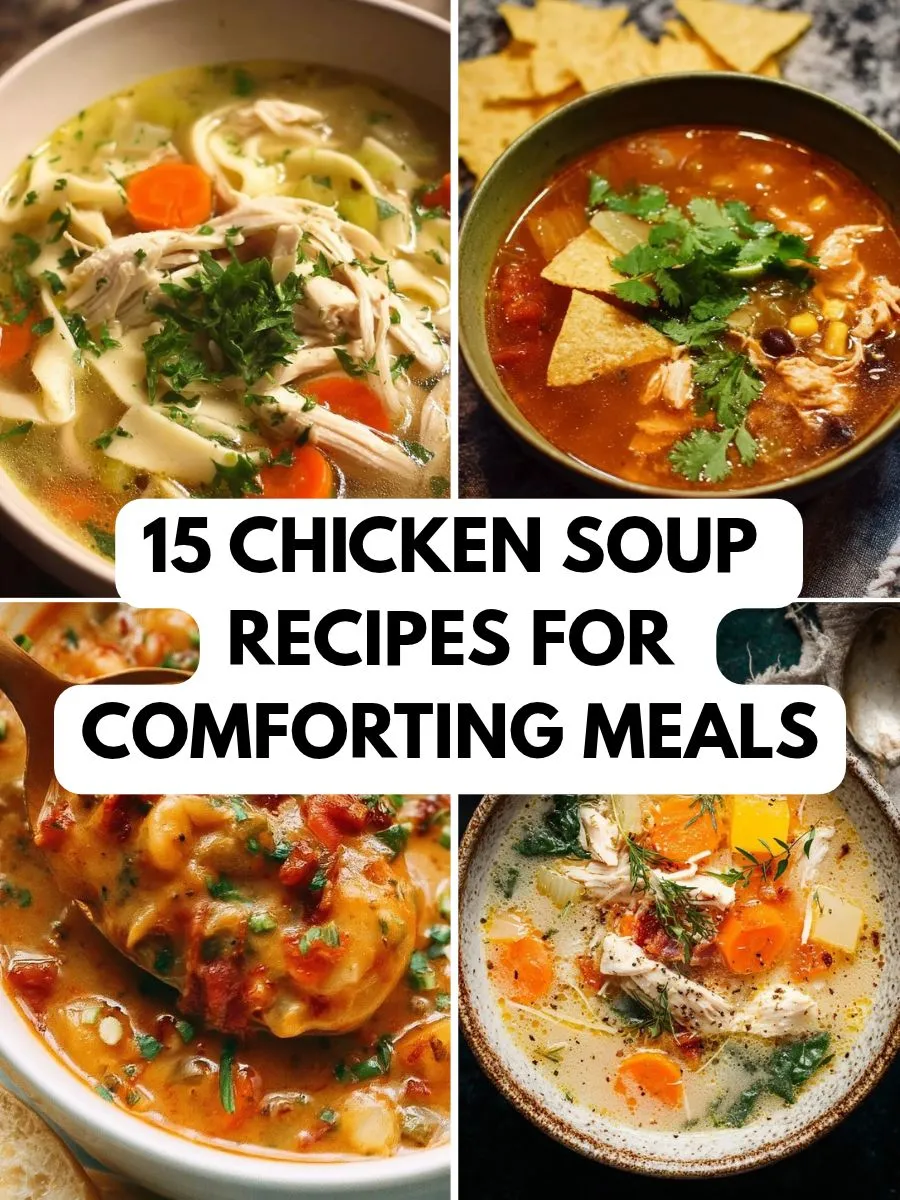 Chicken Soup Recipes collage with noodle soup, tortilla soup and creamy vegetable soups