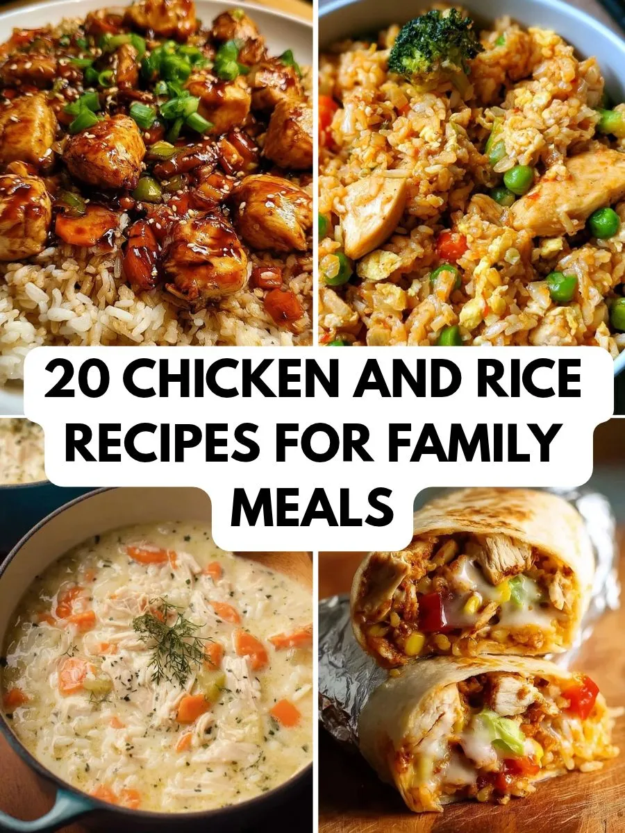 Chicken and Rice Recipes collage with glazed chicken, fried rice, soup and burritos