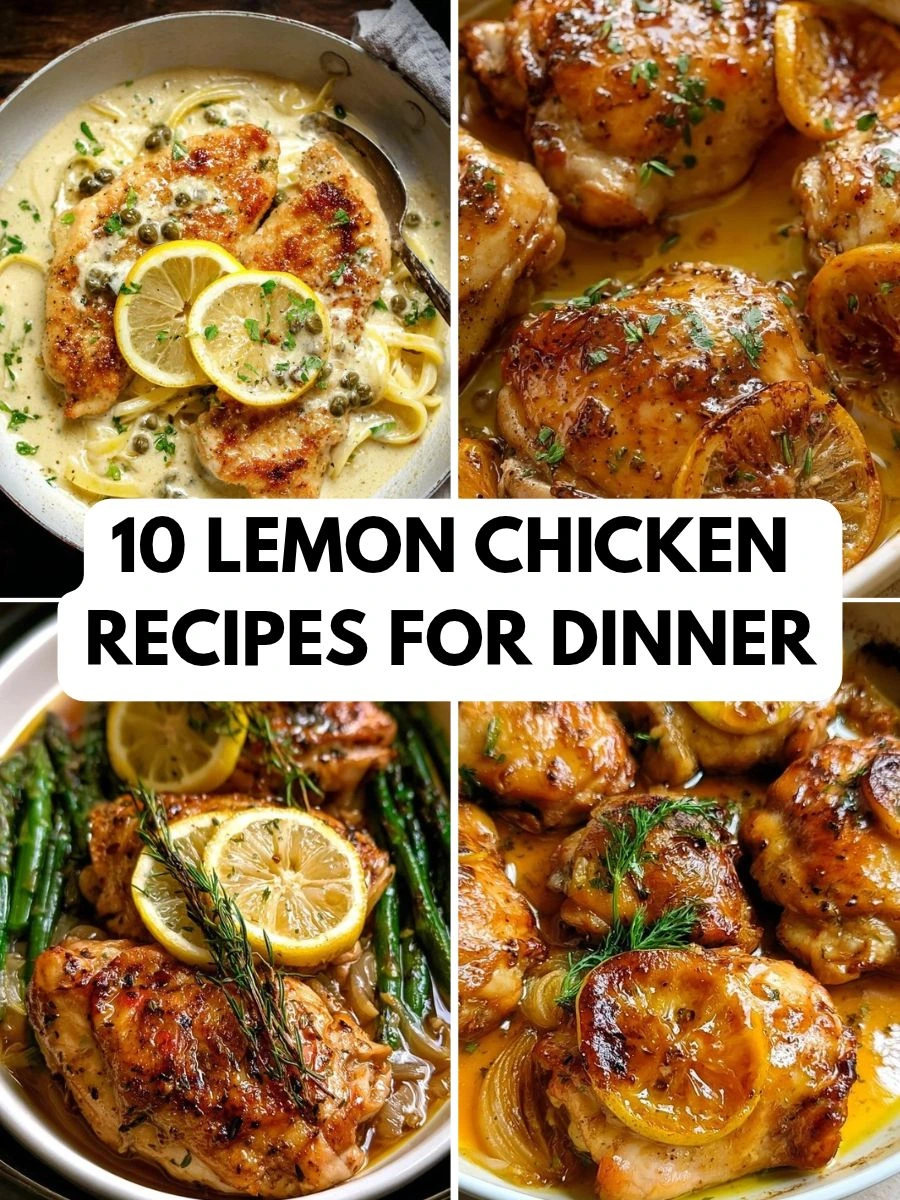 Home 5 Lemon chicken recipes collage with creamy chicken, browned thighs and lemon slices