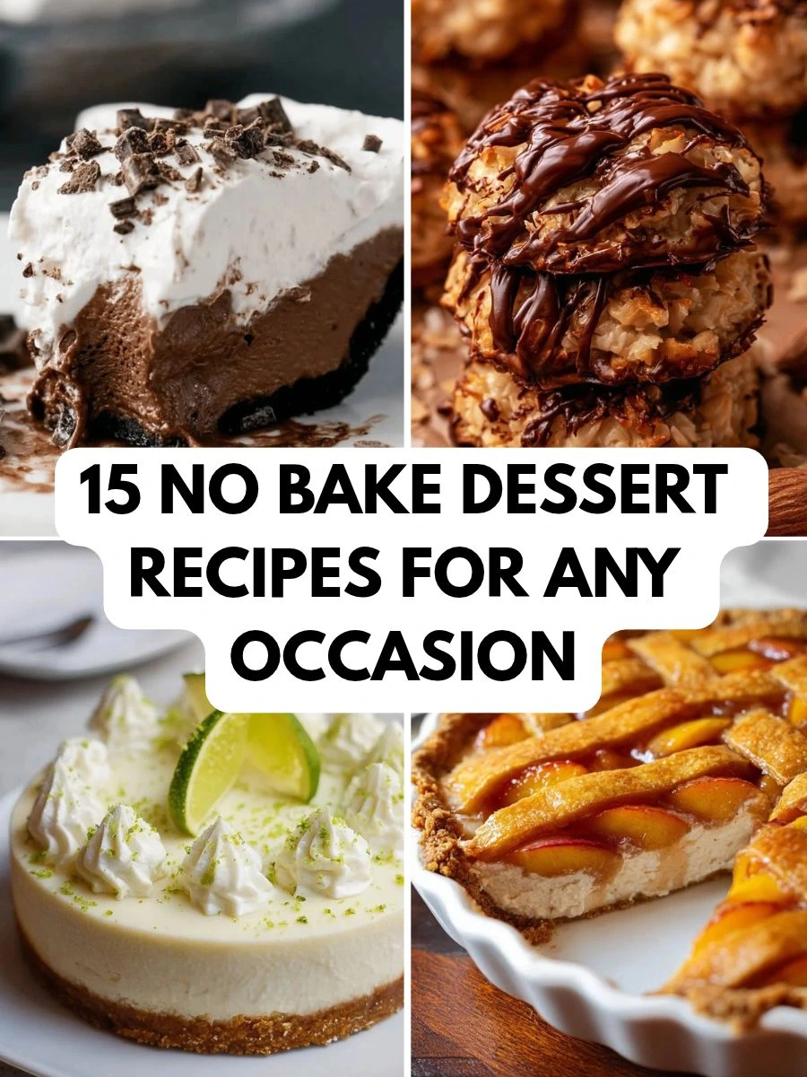 Home 4 No bake dessert recipes collage with chocolate pie, coconut caramel cookies, lime cheesecake and peach pie