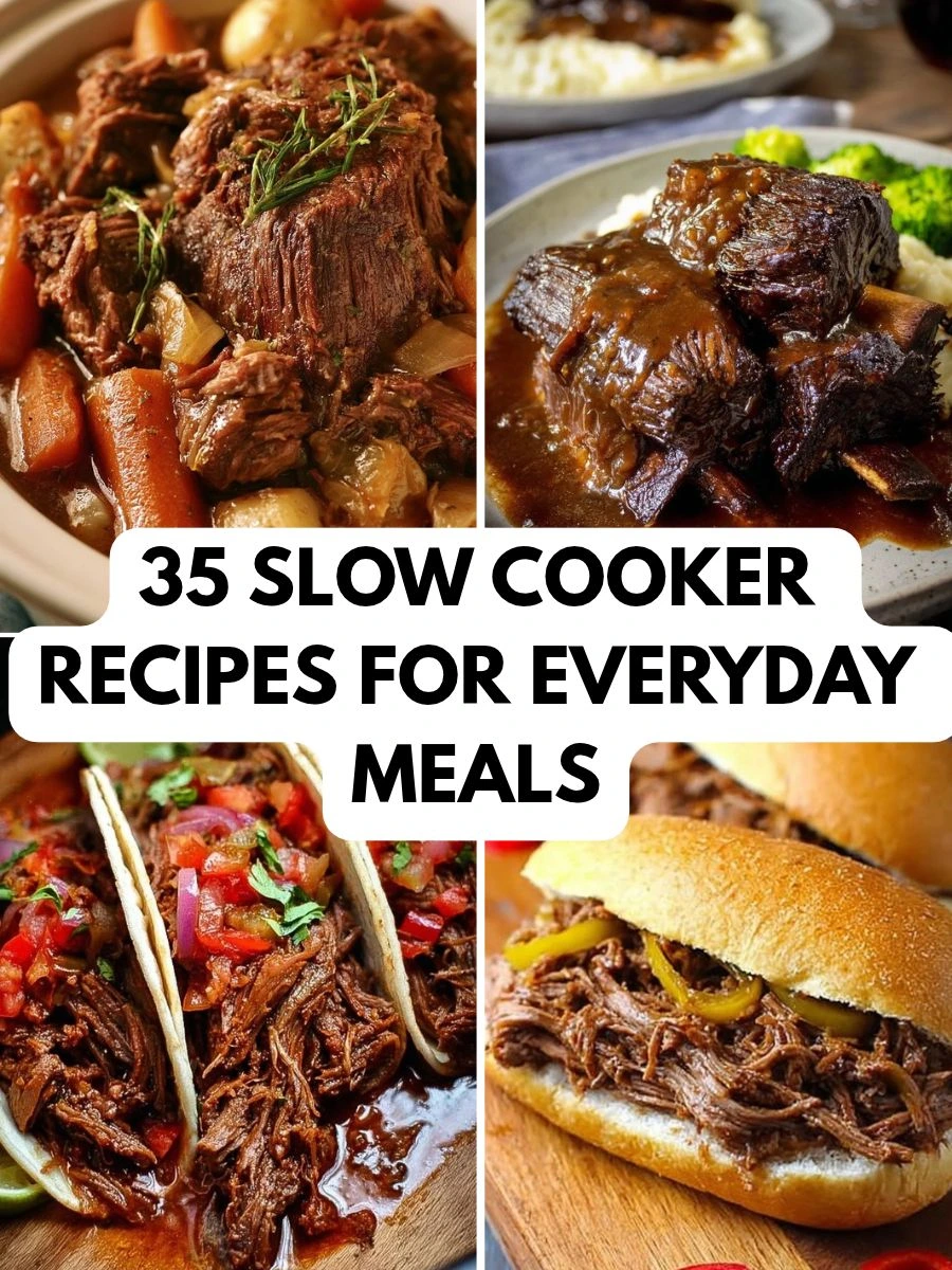 Home 2 Slow cooker recipes collage with pot roast, short ribs, tacos and shredded beef sandwiches